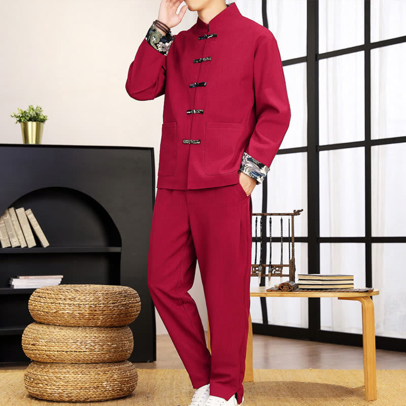 Buddha Stones 2Pcs Tang Suit Frog-Button Men's Waves Long Sleeve Shirt Pants Clothing Set - image 25