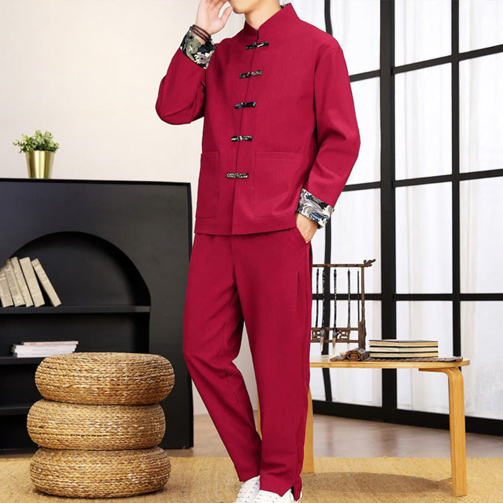 Buddha Stones 2Pcs Tang Suit Frog-Button Men's Waves Long Sleeve Shirt Pants Clothing Set - image 25