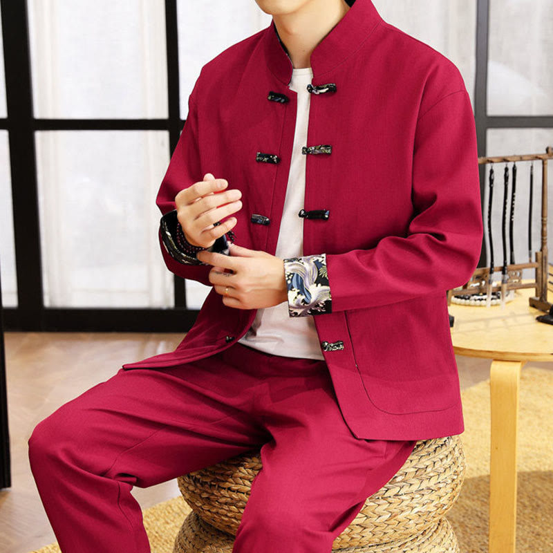 Buddha Stones 2Pcs Tang Suit Frog-Button Men's Waves Long Sleeve Shirt Pants Clothing Set - image 26