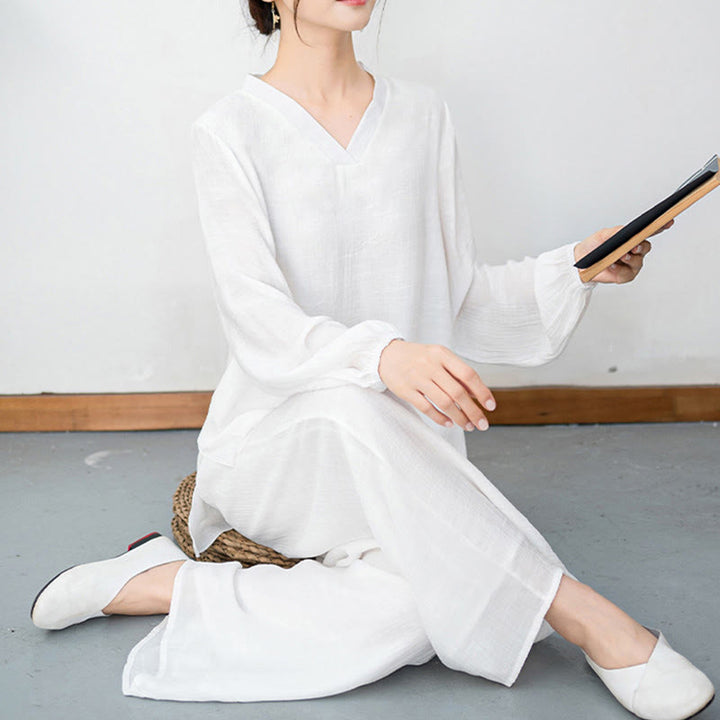 Buddha Stones 2Pcs White Long Sleeve V-Neck Shirt Wide Leg Pants Meditation Women's Set - image 8