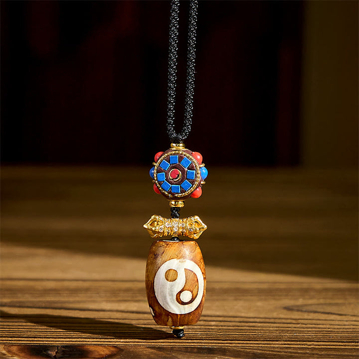 Buddha Stones Tibetan Yin Yang Bagua Design Nine-eye Dzi Agate Blessing Necklace Pendant - image 1