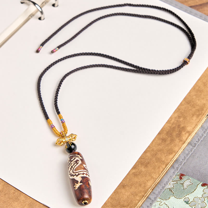 Buddha Stones Tibetan Agate Dragon Pattern Nine-eye Dzi Protection Necklace Pendant - image 2