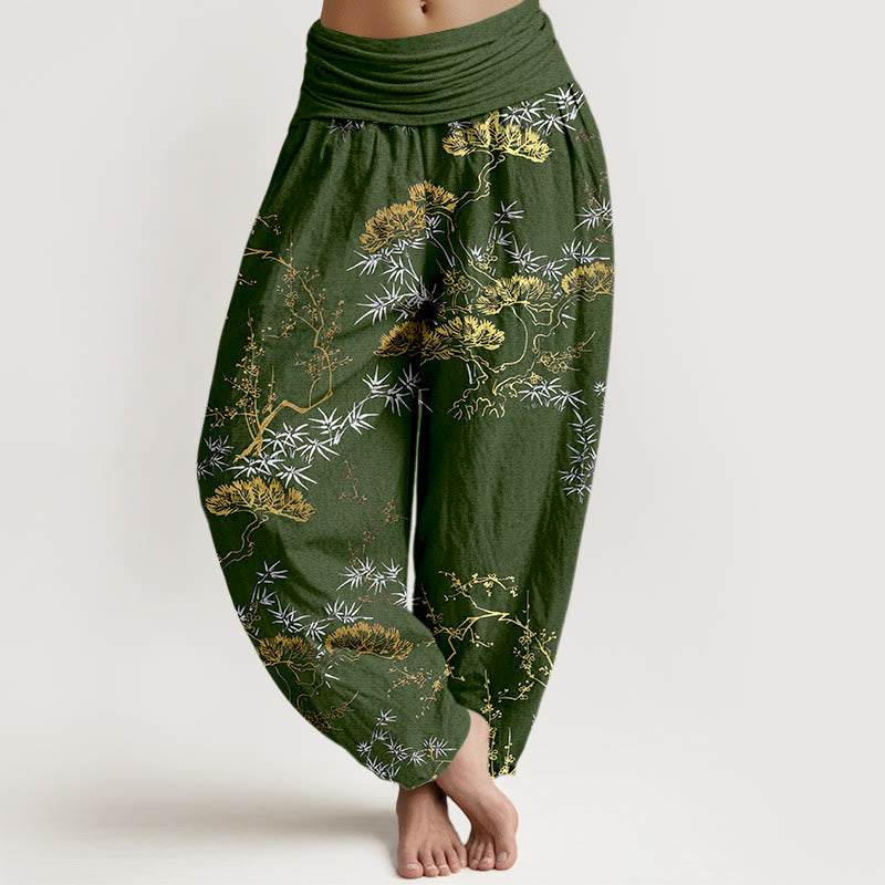 Buddha Stones Pure Cotton Pine Bamboo Plum Pattern Women's Elastic Waist Harem Pants - DarkOliveGreen - US16，UK/AU20，EU48 (3XL) - image 5