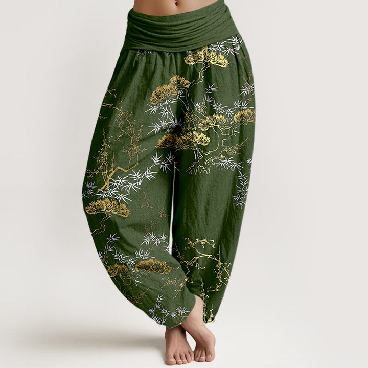 Buddha Stones Pure Cotton Pine Bamboo Plum Pattern Women's Elastic Waist Harem Pants - DarkOliveGreen - US16，UK/AU20，EU48 (3XL) - image 5
