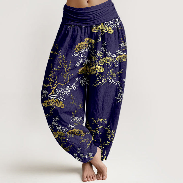 Buddha Stones Pure Cotton Pine Bamboo Plum Pattern Women's Elastic Waist Harem Pants - MidnightBlue - US16，UK/AU20，EU48 (3XL) - image 8