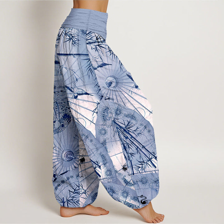 Buddha Stones Pure Cotton Umbrella Crane Bamboo Pattern Women's Elastic Waist Harem Pants - image 7