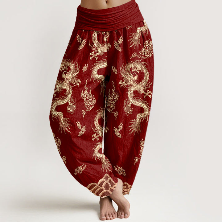 Buddha Stones Pure Cotton Dragon And Cloud Pattern Women's Elastic Waist Harem Pants - DarkRed - US16，UK/AU20，EU48 (3XL) - image 0