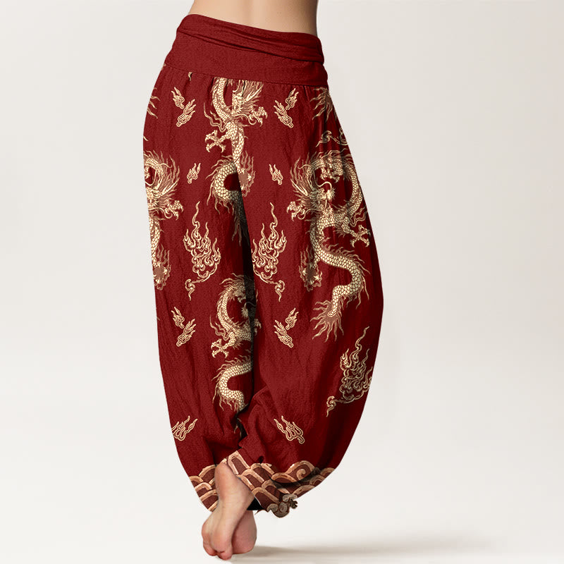 Buddha Stones Pure Cotton Dragon And Cloud Pattern Women's Elastic Waist Harem Pants - image 1
