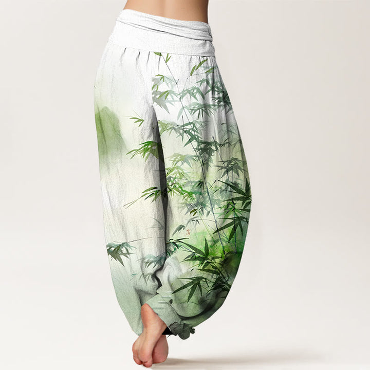 Buddha Stones Pure Cotton Bamboo Leaves Mountain Pattern Women's Elastic Waist Harem Pants - image 1