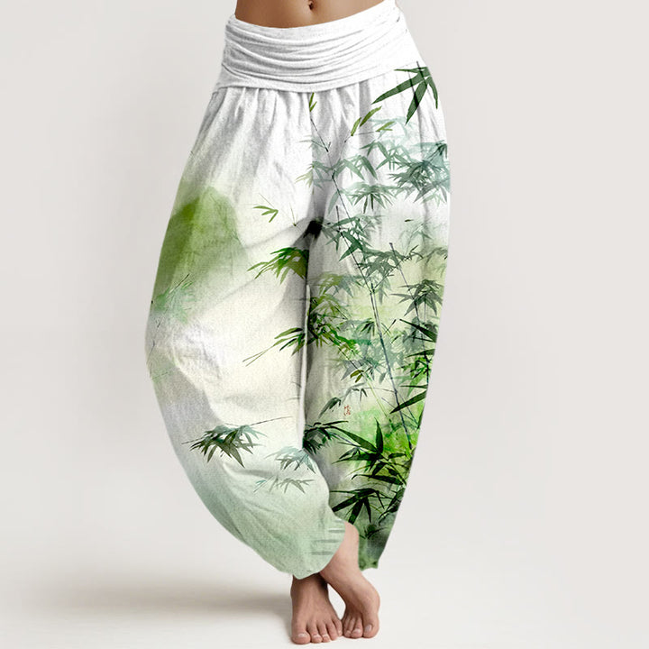 Buddha Stones Pure Cotton Bamboo Leaves Mountain Pattern Women's Elastic Waist Harem Pants - LightGreen - US16，UK/AU20，EU48 (3XL) - image 0
