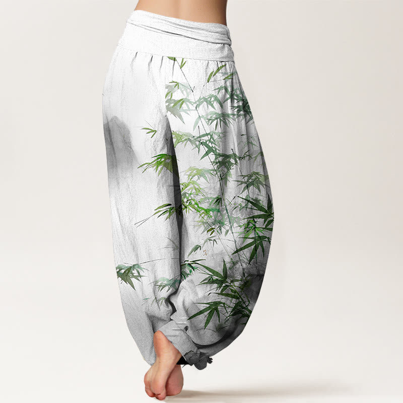 Buddha Stones Pure Cotton Bamboo Leaves Mountain Pattern Women's Elastic Waist Harem Pants - image 6