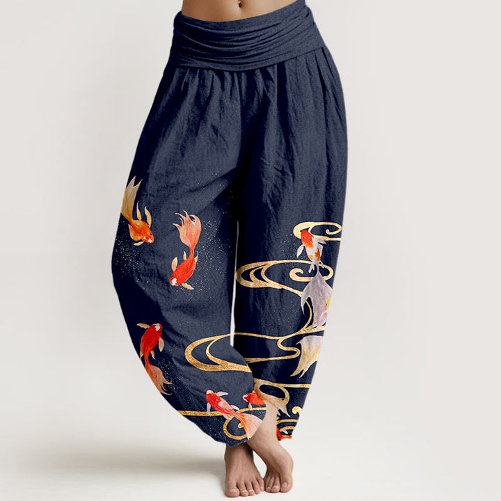 Buddha Stones Pure Cotton Koi Fish Koi Water Ripples Pattern Women's Elastic Waist Harem Pants - MidnightBlue - US16，UK/AU20，EU48 (3XL) - image 5