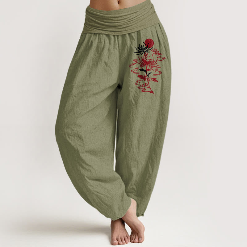 Buddha Stones Chrysanthemums Sun Pattern Women's Elastic Waist Harem Pure Cotton Pants - OliveDrab - US16，UK/AU20，EU48 (3XL) - image 14