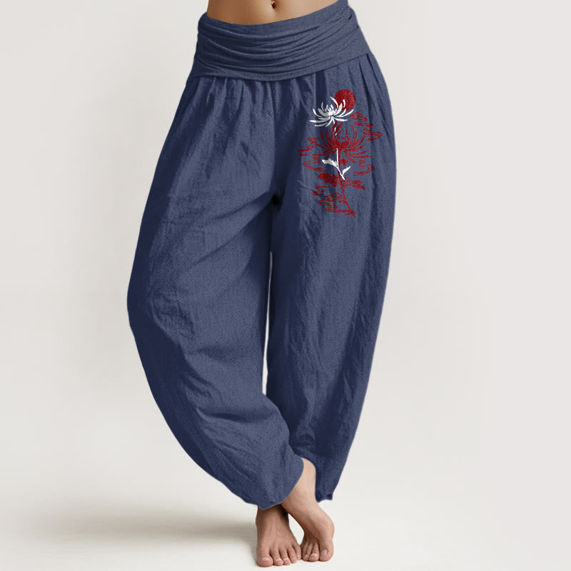 Buddha Stones Chrysanthemums Sun Pattern Women's Elastic Waist Harem Pure Cotton Pants - DarkSlateBlue - US16，UK/AU20，EU48 (3XL) - image 8