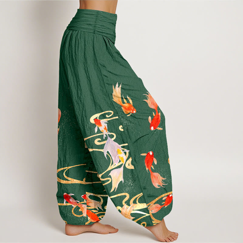 Buddha Stones Pure Cotton Koi Fish Koi Water Ripples Pattern Women's Elastic Waist Harem Pants - image 10