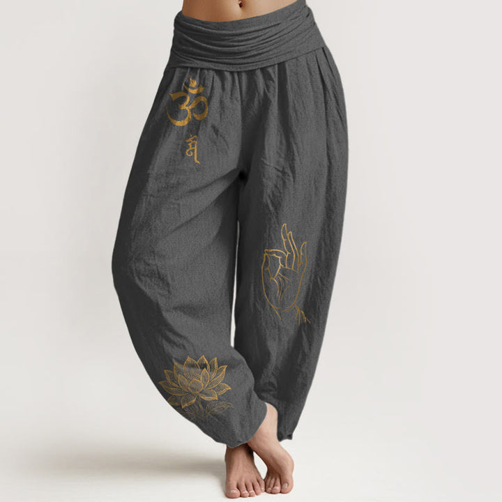 Buddha Stones Om Dhi Symbols Lotus Buddha's Hand Pattern Women's Elastic Waist Harem Cotton Pants - DimGray - US16，UK/AU20，EU48 (3XL) - image 8