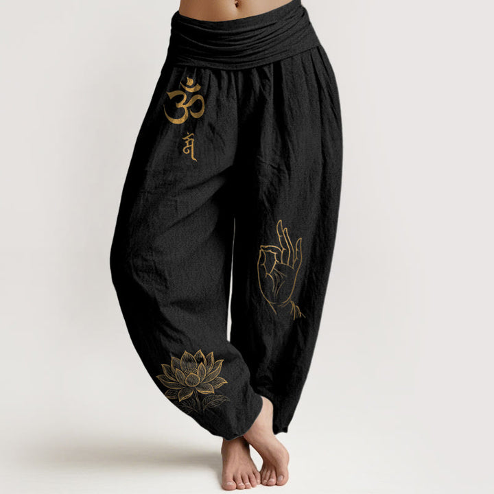 Buddha Stones Om Dhi Symbols Lotus Buddha's Hand Pattern Women's Elastic Waist Harem Cotton Pants - Black - US16，UK/AU20，EU48 (3XL) - image 0