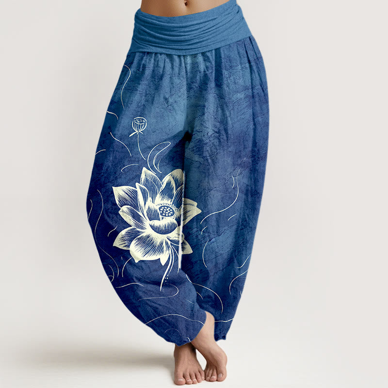 Buddha Stones Pure Cotton Lotus Flower Pattern Women's Elastic Waist Harem Pants - RoyalBlue - US16，UK/AU20，EU48 (3XL) - image 5