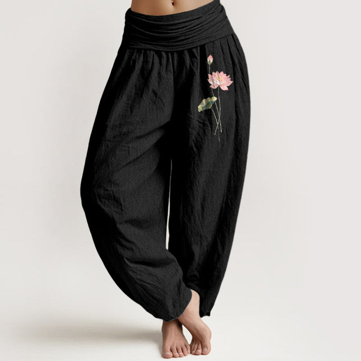 Buddha Stones Pink Lotus Flower Lotus Leaves Pattern Women's Elastic Waist Harem Pure Cotton Pants - Black - US16，UK/AU20，EU48 (3XL) - image 5