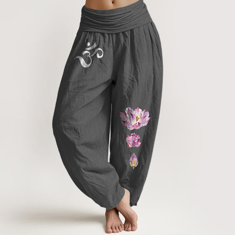 Buddha Stones Blooming Lotus Om Symbol Pattern Women's Elastic Waist Harem Pure Cotton Pants - DimGray - US16，UK/AU20，EU48 (3XL) - image 8