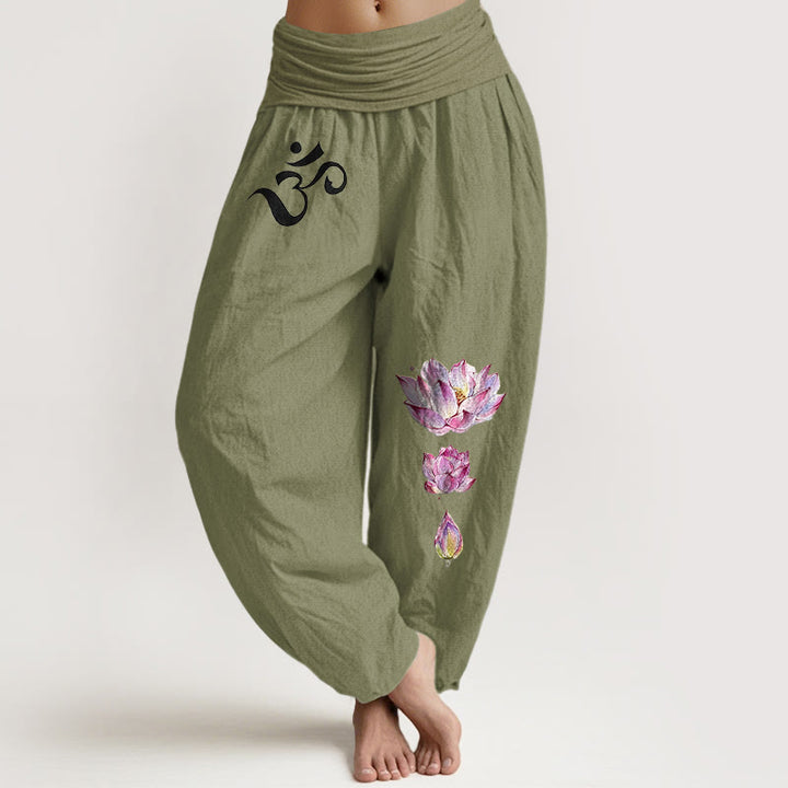 Buddha Stones Blooming Lotus Om Symbol Pattern Women's Elastic Waist Harem Pure Cotton Pants - OliveDrab - US16，UK/AU20，EU48 (3XL) - image 14