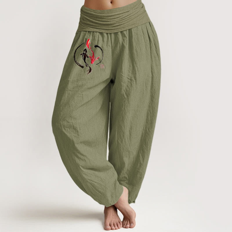 Buddha Stones Yin Yang Koi Fish Design Women's Elastic Waist Harem Pure Cotton Pants - OliveDrab - US16，UK/AU20，EU48 (3XL) - image 14