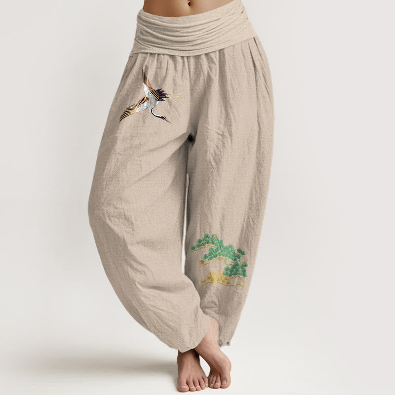 Buddha Stones Women's Pure Cotton Crane Pine Tree Pattern Elastic Waist Harem Pants - Tan - US16，UK/AU20，EU48 (3XL) - image 11
