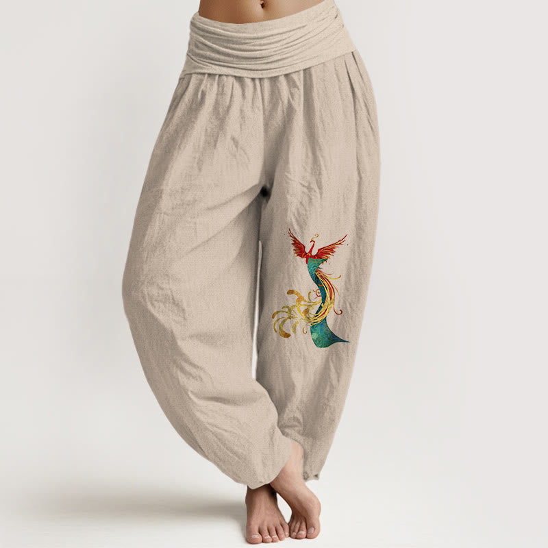 Buddha Stones Women's Pure Cotton Colored Phoenix Pattern Elastic Waist Harem Pants - Tan - US16，UK/AU20，EU48 (3XL) - image 11