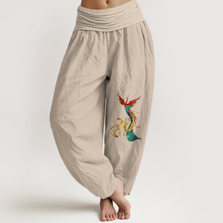 Buddha Stones Women's Pure Cotton Colored Phoenix Pattern Elastic Waist Harem Pants - Tan - US16，UK/AU20，EU48 (3XL) - image 11