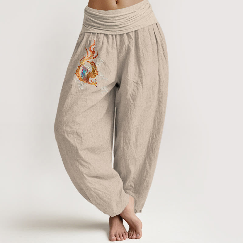 Buddha Stones Women's Pure Cotton Phoenix Auspicious Cloud Pattern Elastic Waist Harem Pants - Tan - US16，UK/AU20，EU48 (3XL) - image 11