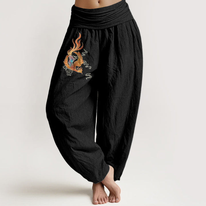 Buddha Stones Women's Pure Cotton Phoenix Auspicious Cloud Pattern Elastic Waist Harem Pants - Black - US16，UK/AU20，EU48 (3XL) - image 5