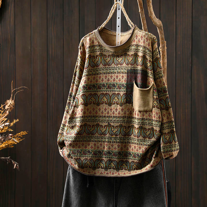 Buddha Stones Fall Plant Floral Pattern Crew Neck Long Sleeve Women's Cotton Sweater With Pocket - DarkKhaki - US4-6，UK/AU8-10，EU36-38 (F) - image 13