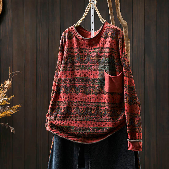 Buddha Stones Fall Plant Floral Pattern Crew Neck Long Sleeve Women's Cotton Sweater With Pocket - Tomato - US4-6，UK/AU8-10，EU36-38 (F) - image 2