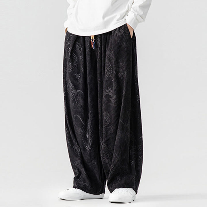 Buddha Stones Winter Dragon Phoenix Pattern Cotton Corduroy Men's Harem Pants With Pockets - image 32