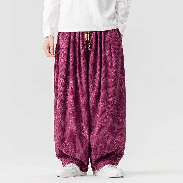 Buddha Stones Winter Dragon Phoenix Pattern Cotton Corduroy Men's Harem Pants With Pockets - MediumVioletRed - US/UK/AU46，EU56 (5XL) - image 9