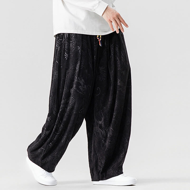 Buddha Stones Winter Dragon Phoenix Pattern Cotton Corduroy Men's Harem Pants With Pockets - image 35