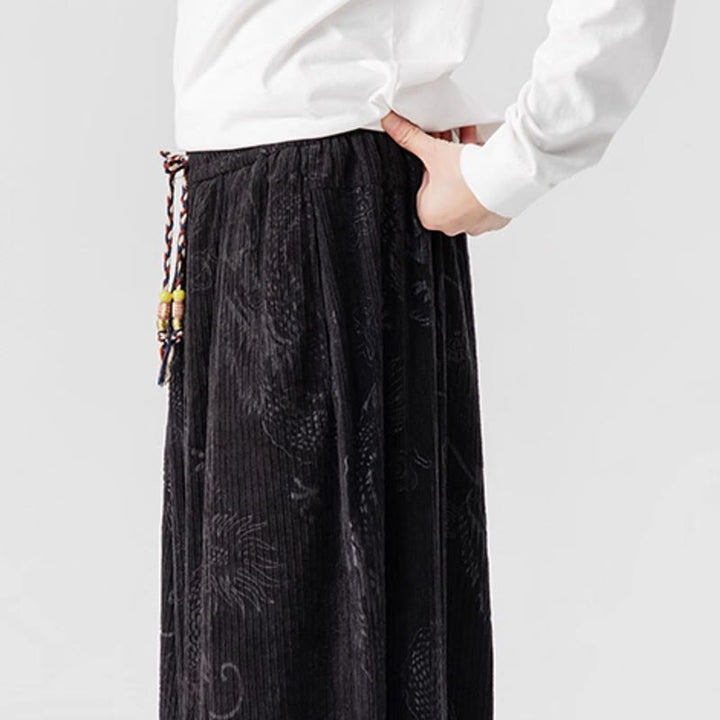 Buddha Stones Winter Dragon Phoenix Pattern Cotton Corduroy Men's Harem Pants With Pockets - image 38
