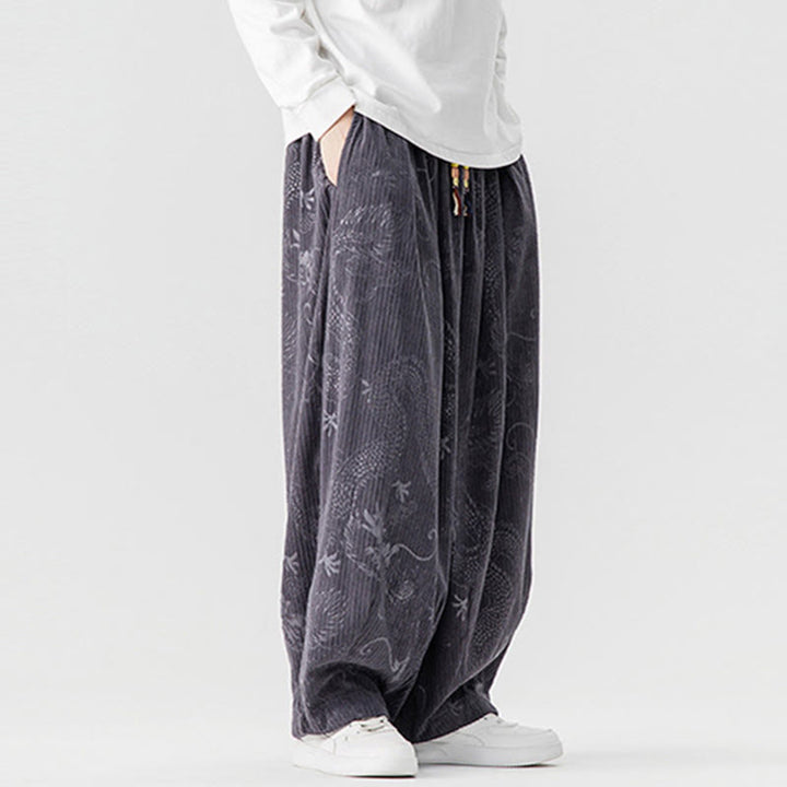 Buddha Stones Winter Dragon Phoenix Pattern Cotton Corduroy Men's Harem Pants With Pockets - image 26
