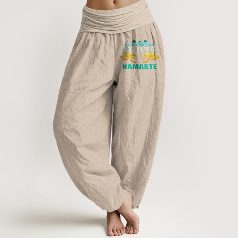 Buddha Stones "Namaste" Meditating Figure Lotus Pattern Women's Elastic Waist Harem Pure Cotton Pants - Tan - US16，UK/AU20，EU48 (3XL) - image 11