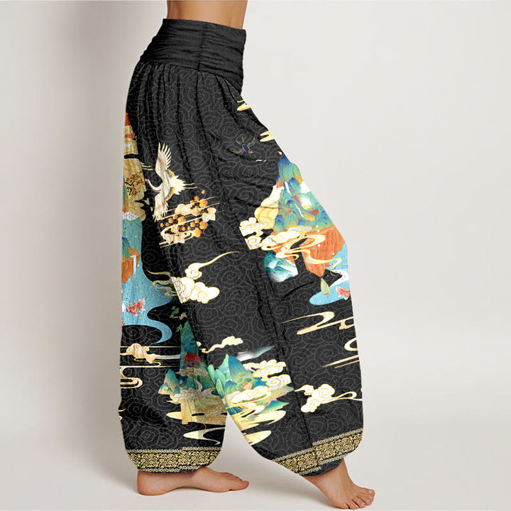 Buddha Stones Pure Cotton Landscape Cranes Clouds Pattern Women's Elastic Waist Harem Pants - image 2