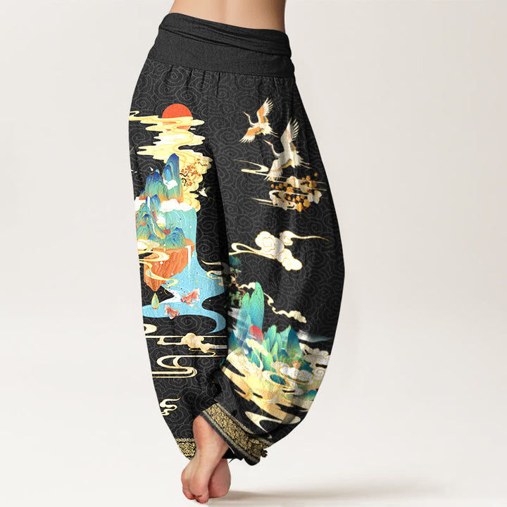 Buddha Stones Pure Cotton Landscape Cranes Clouds Pattern Women's Elastic Waist Harem Pants - image 1