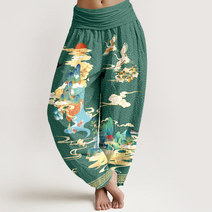 Buddha Stones Pure Cotton Landscape Cranes Clouds Pattern Women's Elastic Waist Harem Pants - SeaGreen - US16，UK/AU20，EU48 (3XL) - image 5