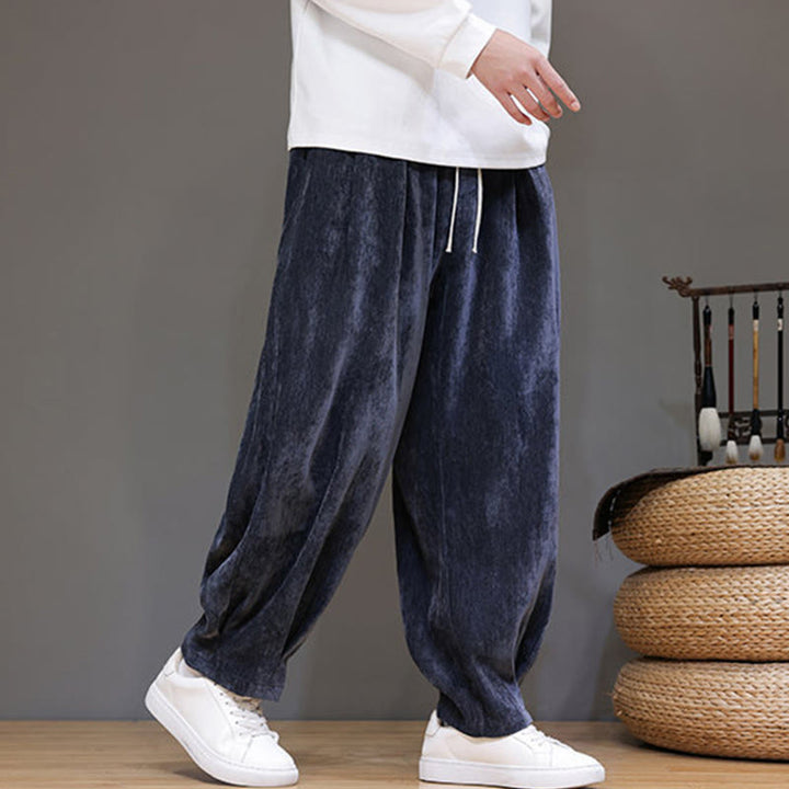 Buddha Stones Winter Pure Color Cotton Men's Harem Thickened Fleece-lined Pants With Pockets - image 0