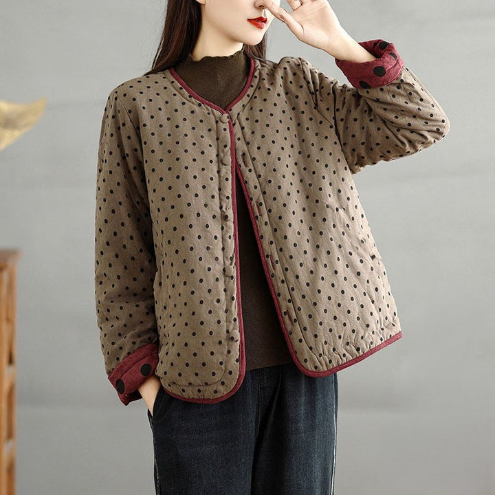 Buddha Stones Women's Reversible Design Dot Pattern Long Sleeve Thermal Cotton Jacket With Pockets - Tan - US14，UK/AU18，EU46 (2XL) - image 0