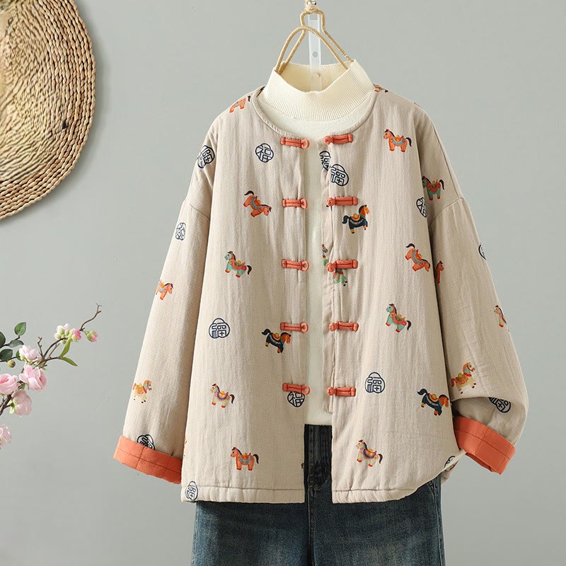 Buddha Stones Horse Fu Character Pattern Frog-Button Design Women's Long Sleeve Thickened Jacket - PapayaWhip - US8-10，UK/AU12-14，EU40-42 (2XL) - image 0