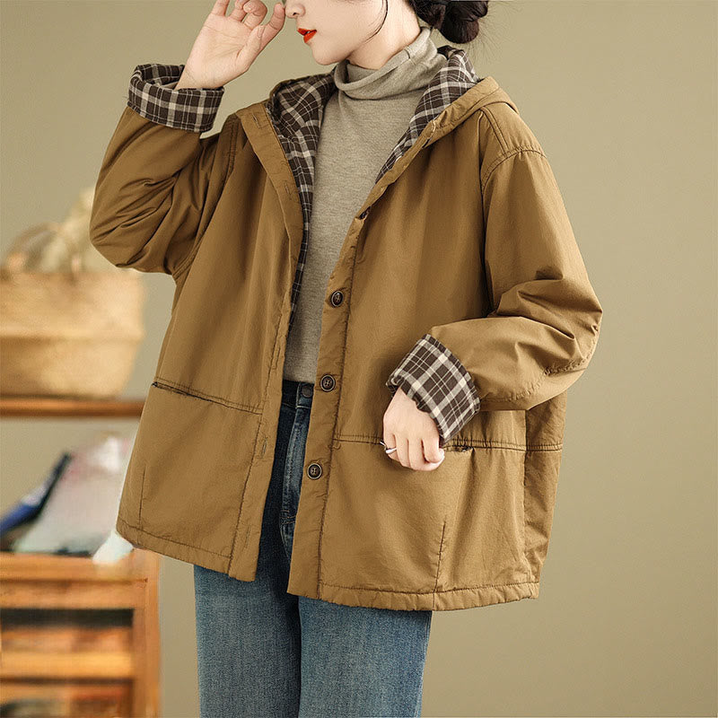 Buddha Stones Plaid Hoodie Pattern Women's Long Sleeve Cotton Thickened Jacket With Pockets - Goldenrod - US12，UK/AU16，EU44 (XL) - image 0