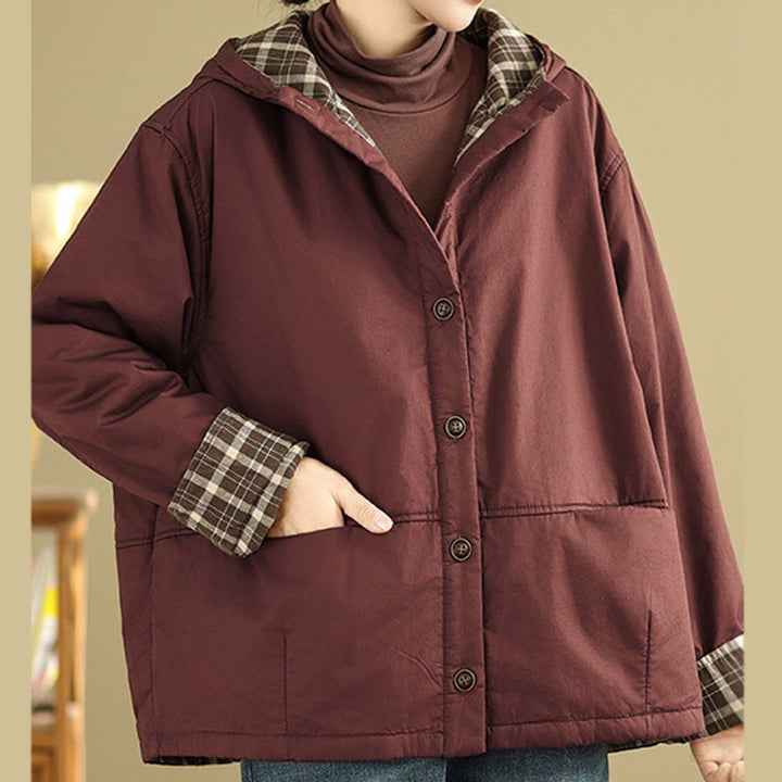 Buddha Stones Plaid Hoodie Pattern Women's Long Sleeve Cotton Thickened Jacket With Pockets - image 7