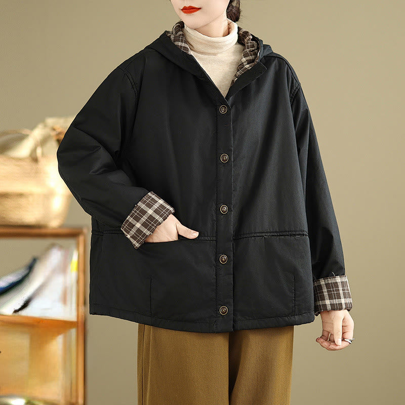 Buddha Stones Plaid Hoodie Pattern Women's Long Sleeve Cotton Thickened Jacket With Pockets - Black - US12，UK/AU16，EU44 (XL) - image 13