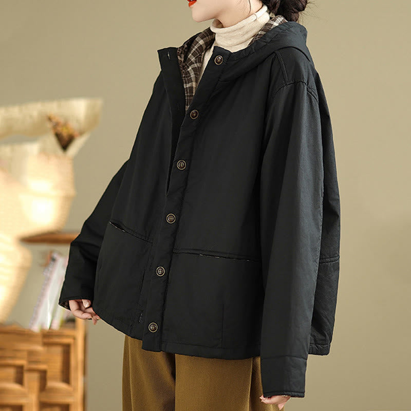 Buddha Stones Plaid Hoodie Pattern Women's Long Sleeve Cotton Thickened Jacket With Pockets - image 15