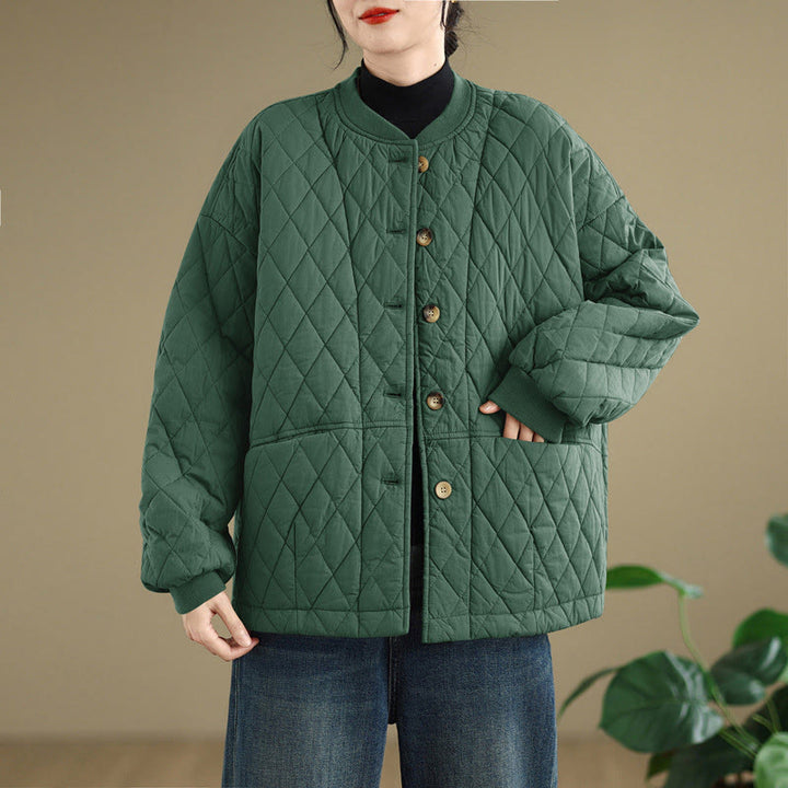 Buddha Stones Diamond Grid Pattern Women's Long Sleeve Cotton Thickened Jacket With Pockets - image 9